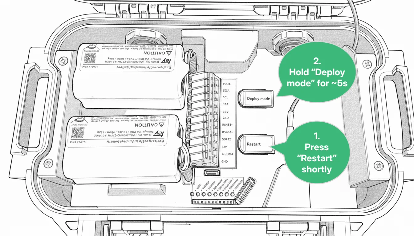 Logger LEDs flashing in the repeating pattern that indicates Deploy Mode is active