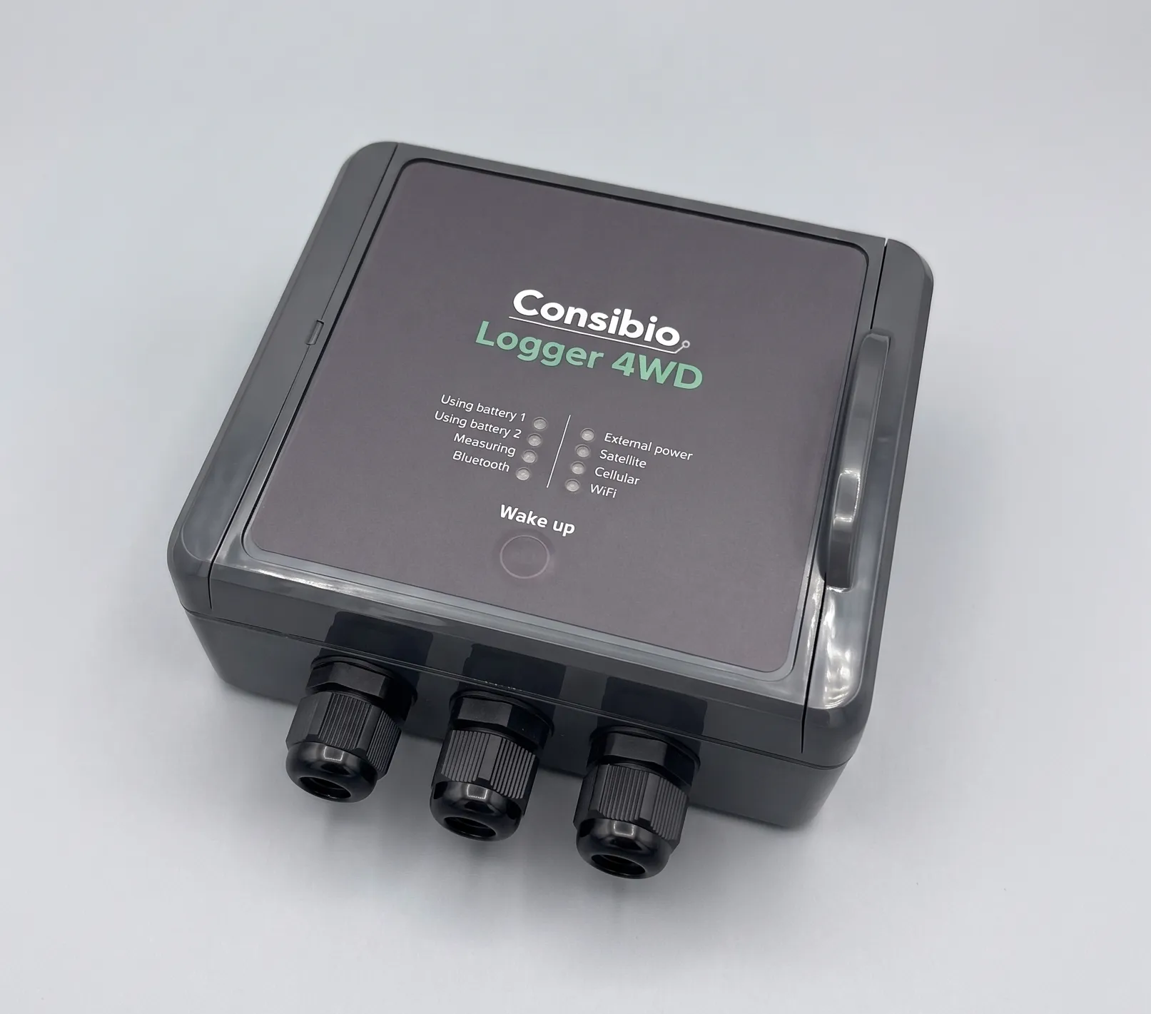 The Logger 4WD datalogger, an angled view of the polycarbonate enclosure with three cable glands and the front-panel status LEDs