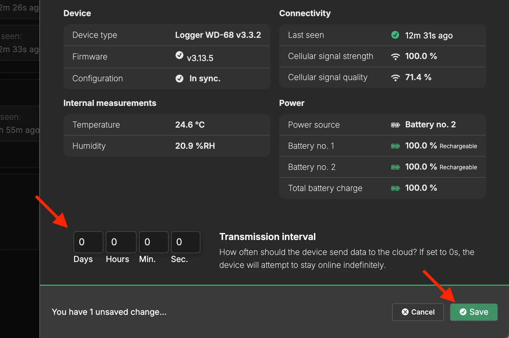 The device settings in Consibio Cloud with the transmission interval fields set to 0 days, 0 hours, 0 minutes and 0 seconds, and the Save button highlighted