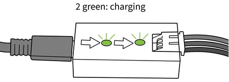The battery charger showing two green LEDs, indicating the batteries are charging
