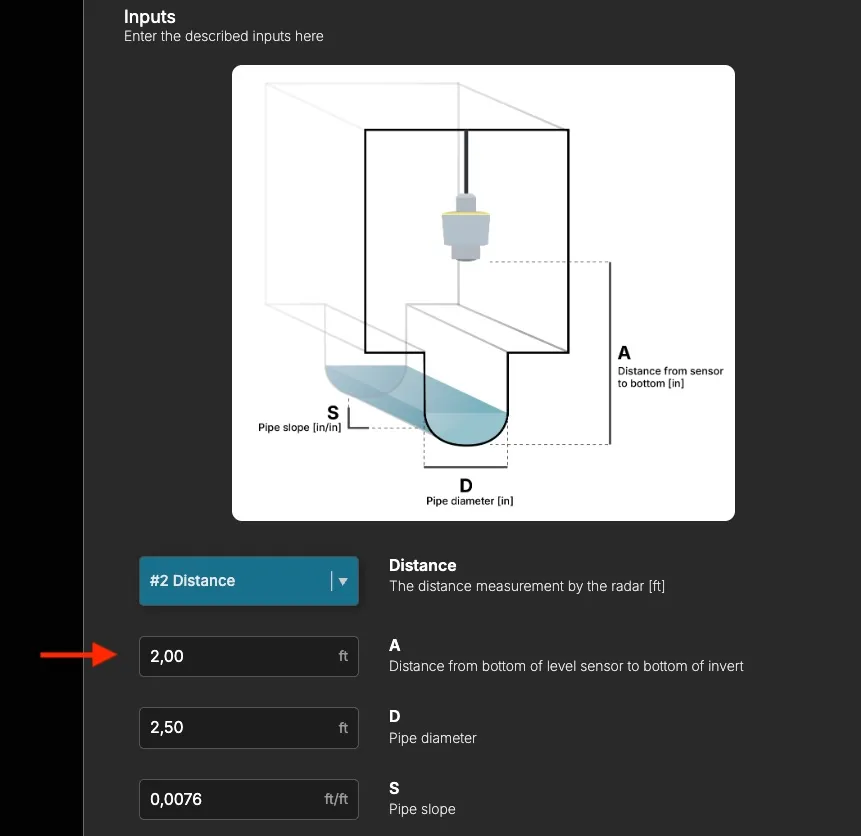 Flow calculation inputs with the installation height A field highlighted