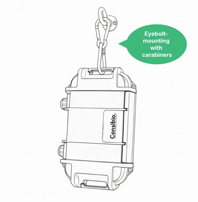 Logger WD-68 hanging from an eyebolt by its stainless steel carabiners