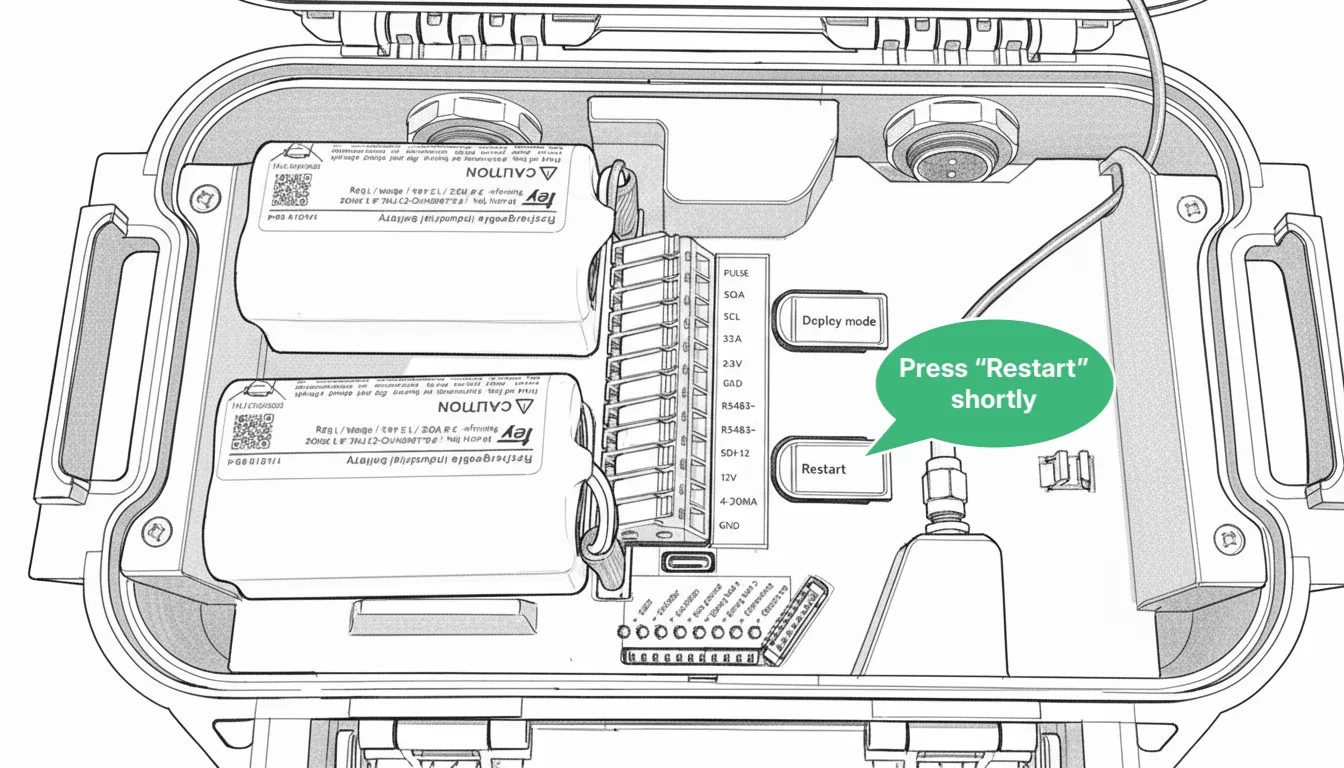 The inside of the Logger with a callout pointing at the Restart button, reading “Press Restart shortly”