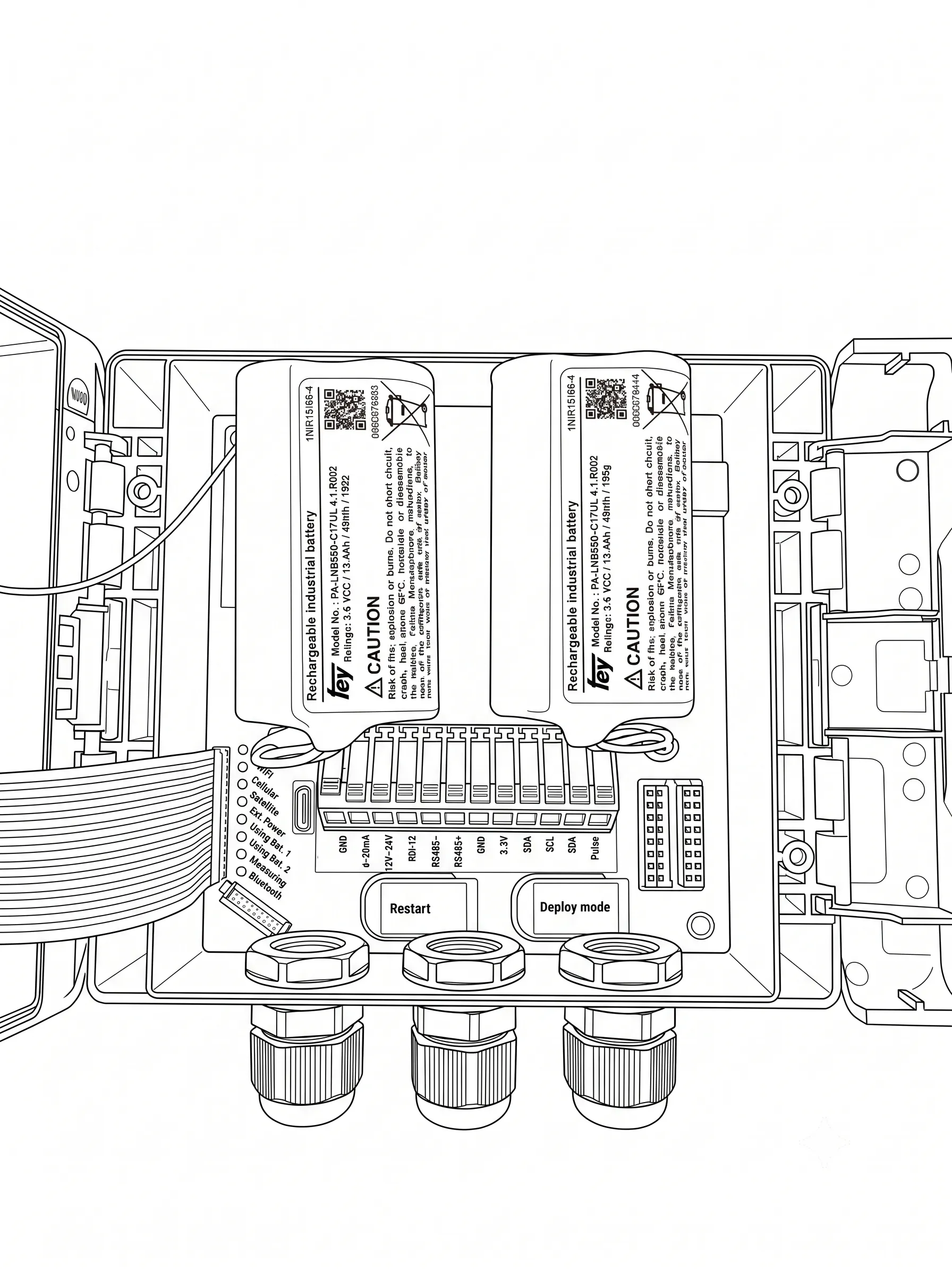 Inside the Logger 4WD with the hinged lid open, showing the two battery packs above the terminal block and cable glands; the lid carries the internal flexible antenna and the product label