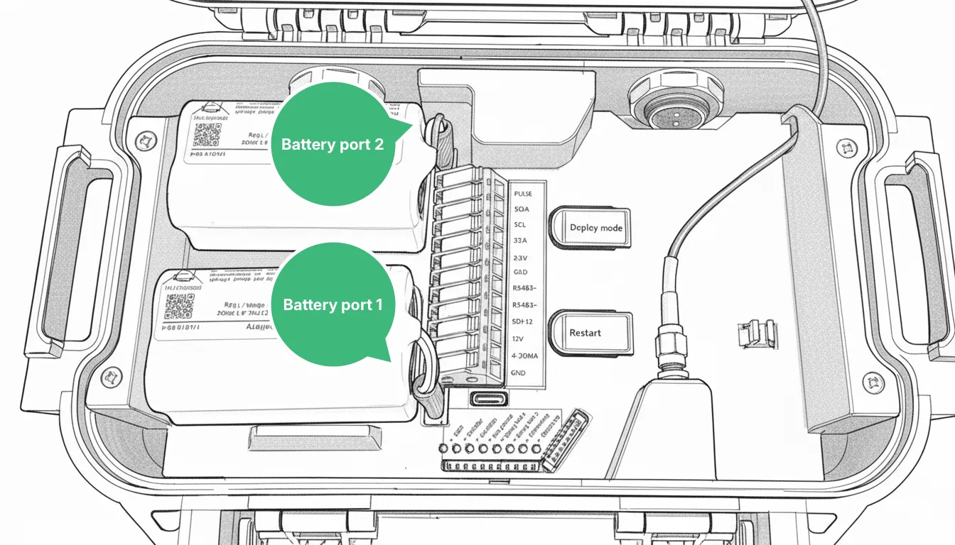 Inside the Logger WD-68 showing battery port 1 and battery port 2 next to the terminal block, Deploy Mode and Restart buttons