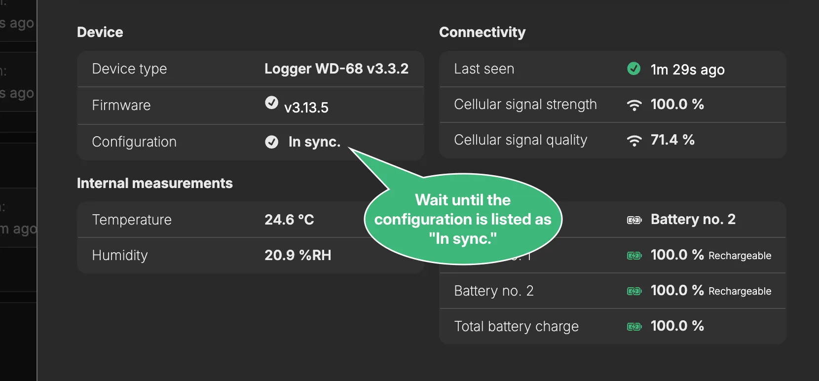 The device overview in Consibio Cloud with a callout pointing at the Configuration row, reading “Wait until the configuration is listed as In sync.”