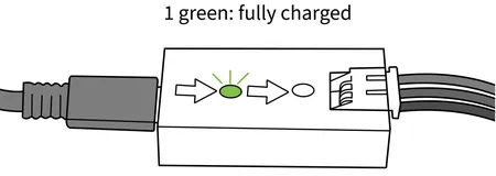 The battery charger showing a single green LED, indicating the batteries are fully charged