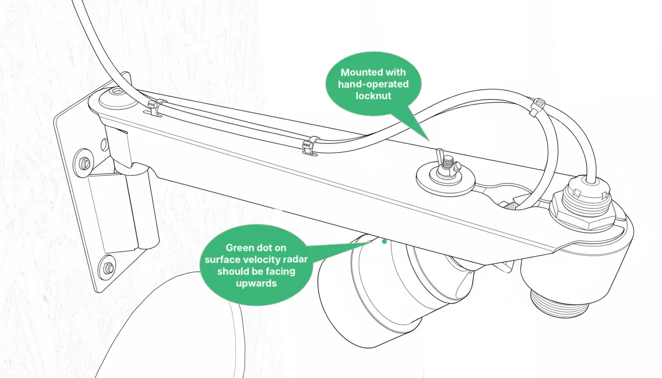 Surface velocity radar mount attached to the underside of the bracket with a hand-operated locknut