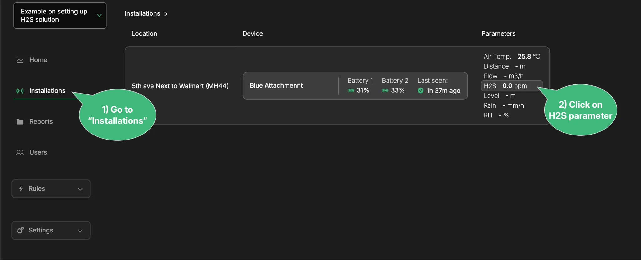 The Installations tab in Consibio Cloud with the H2S parameter selected