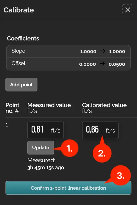 The calibration point showing the measured value, the Update button, and the calibrated value field