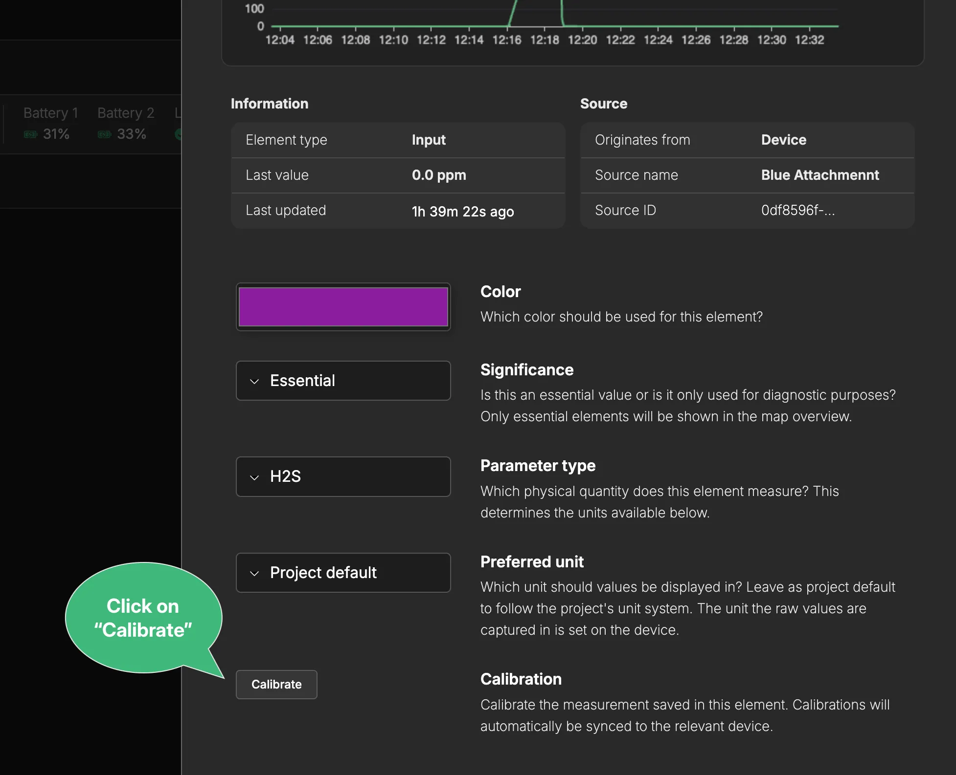 The H2S element settings with the Calibrate button