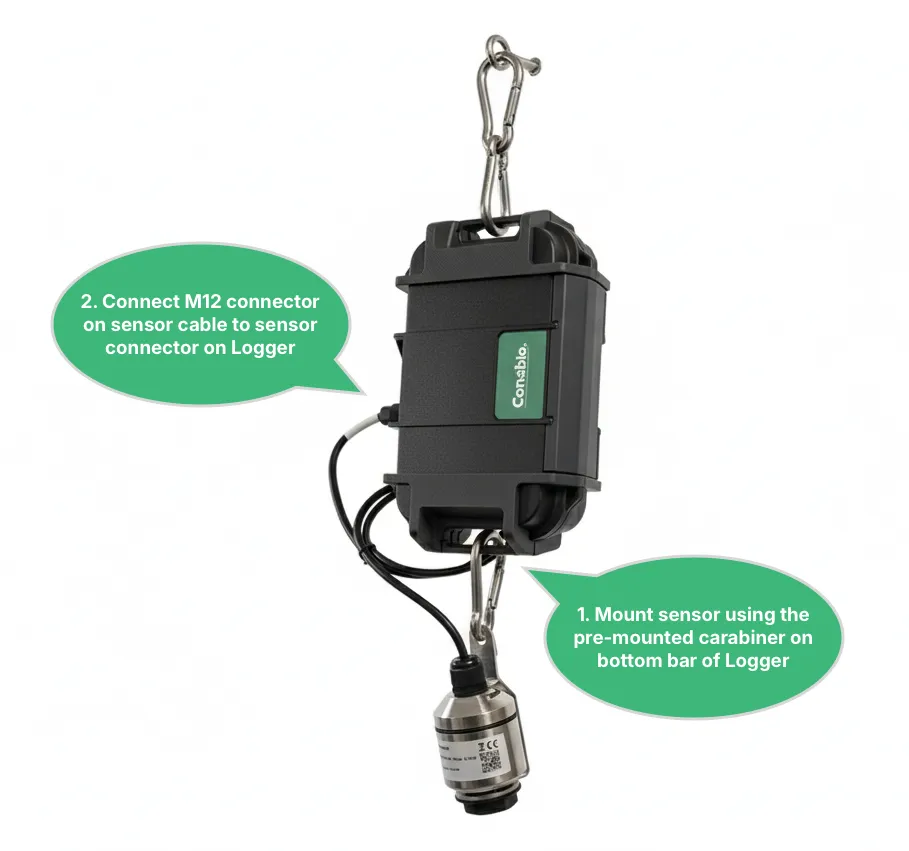 Consibio H2S sensor hung from its cable hanger and carabiner on the Logger WD-68’s bottom bar