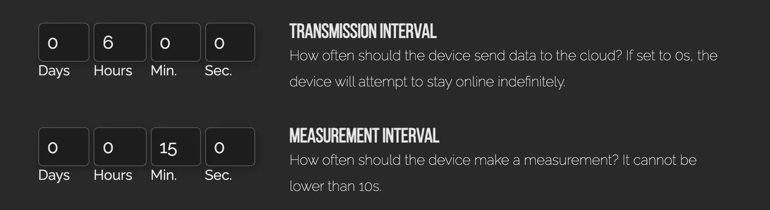 The transmission interval and measurement interval settings in Consibio Cloud, each set with day, hour, minute and second fields