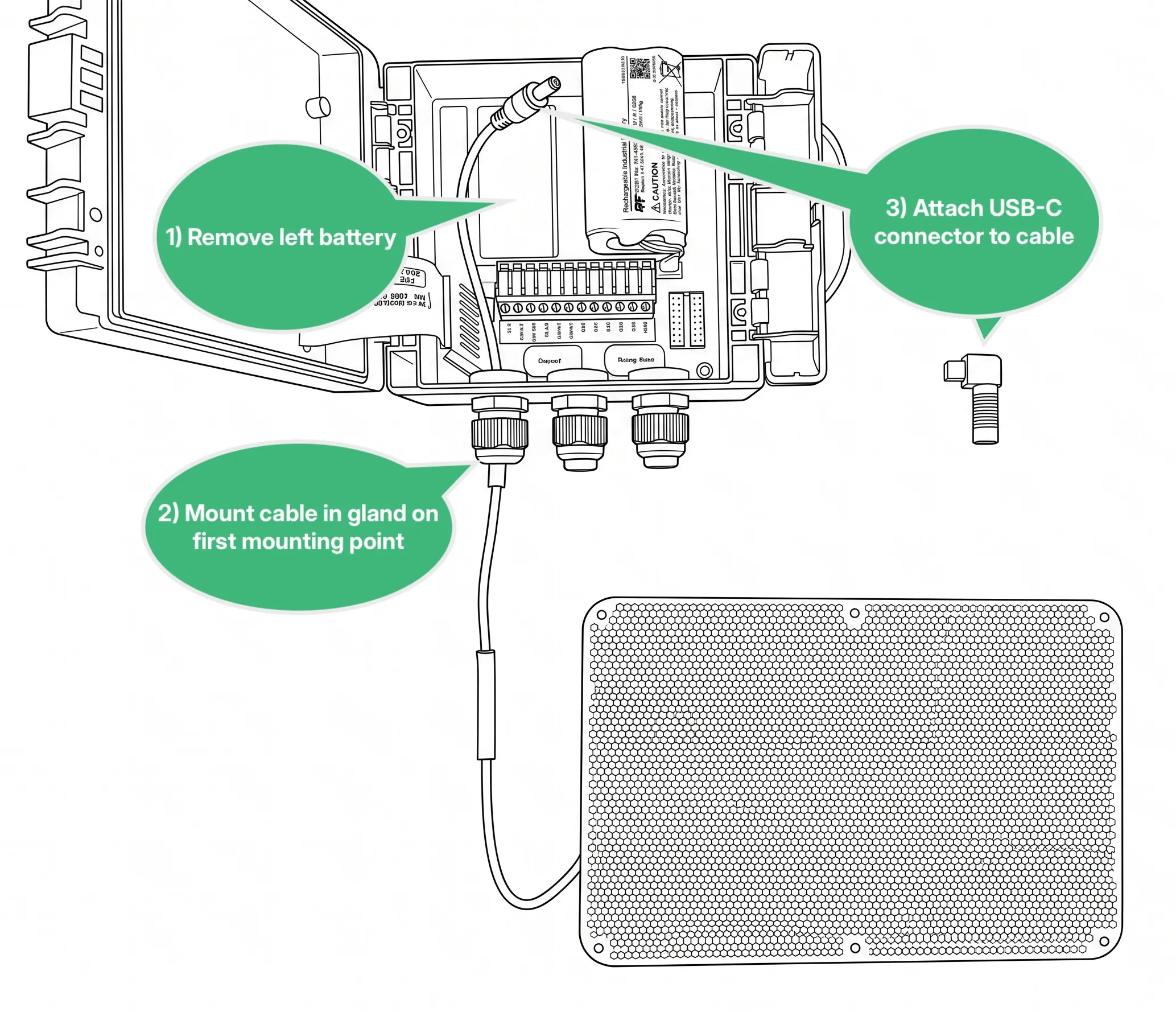 The Logger 4WD with the hinged lid open and the left battery removed, the solar panel cable led in through the first cable gland, and the angled USB-C connector held ready next to the solar panel