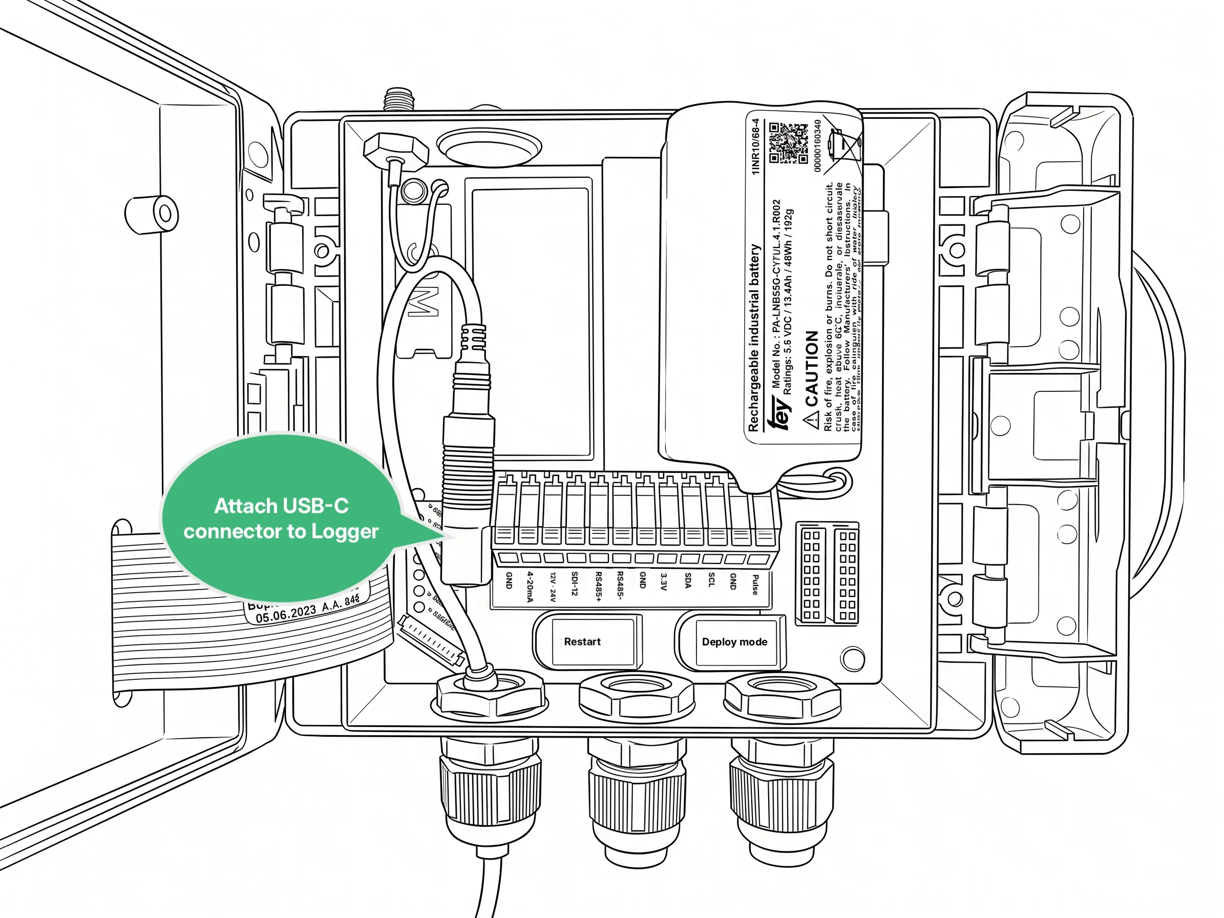 The finished installation inside the Logger 4WD: the angled USB-C connector attached to the Logger and pointing into the empty left battery slot, with the remaining battery in place