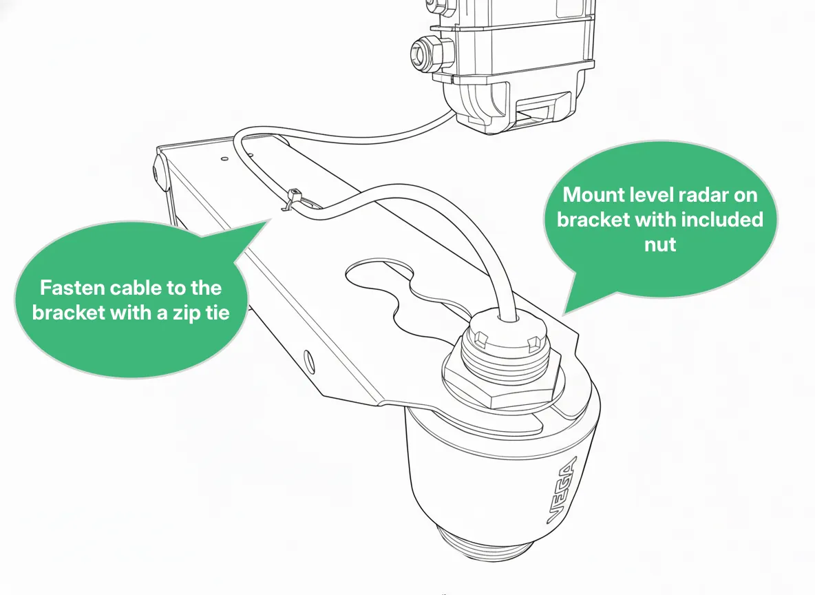 VEGAPuls Level Radar mounted in the bracket and secured with a nut