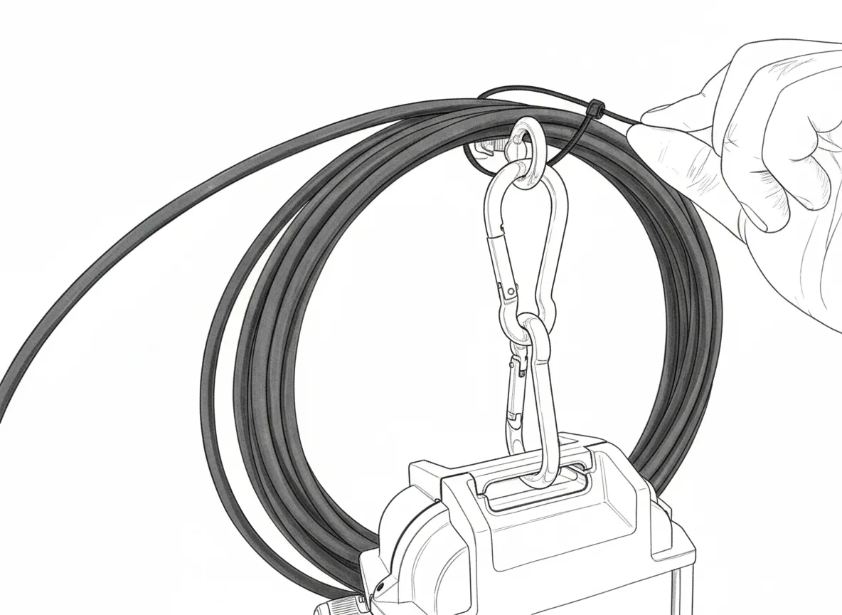 Excess radar cable rolled up and tied to the eyebolt behind the Logger