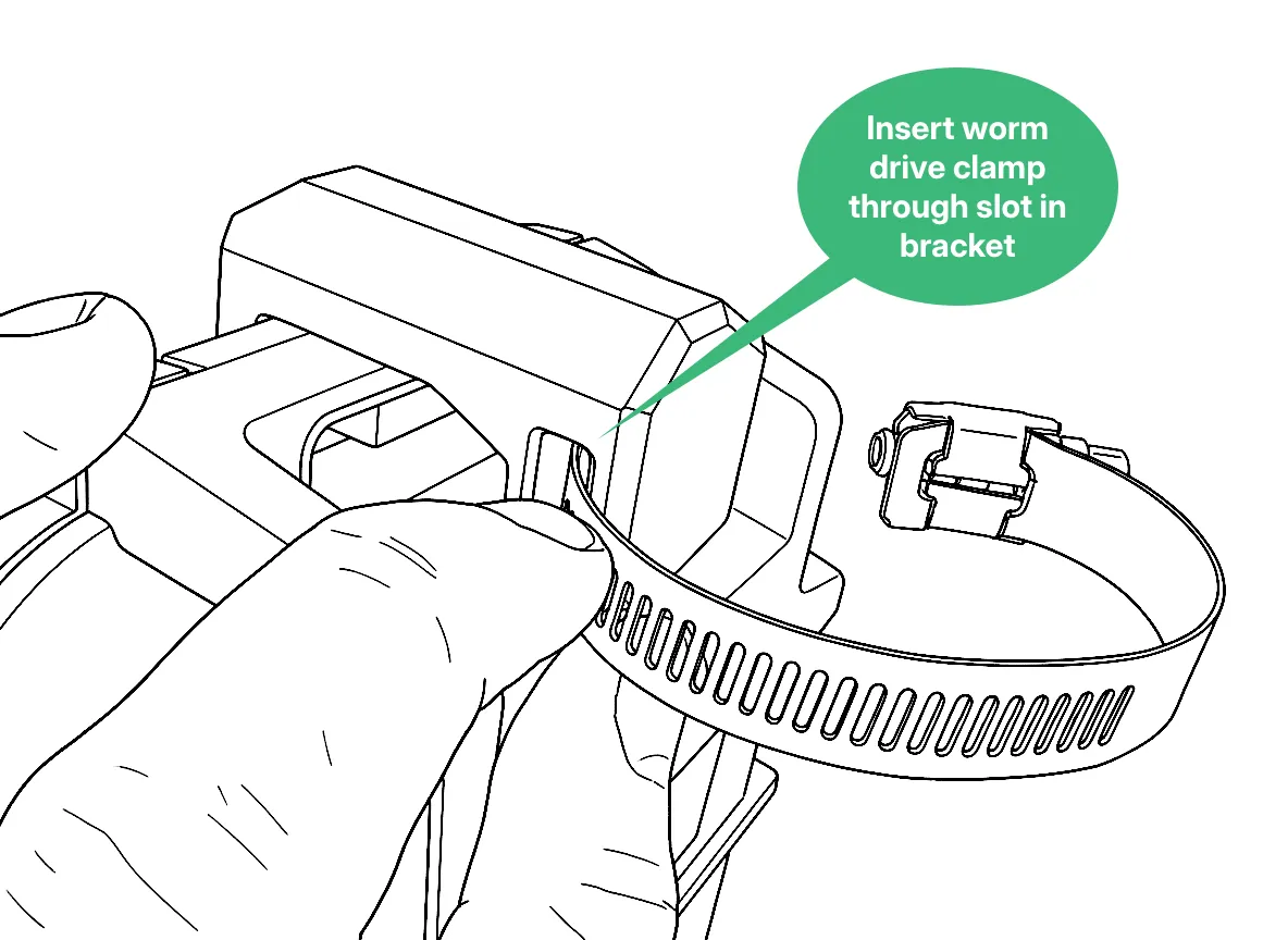 Worm drive clamp inserted through the slot in the Logger’s pole mount brackets