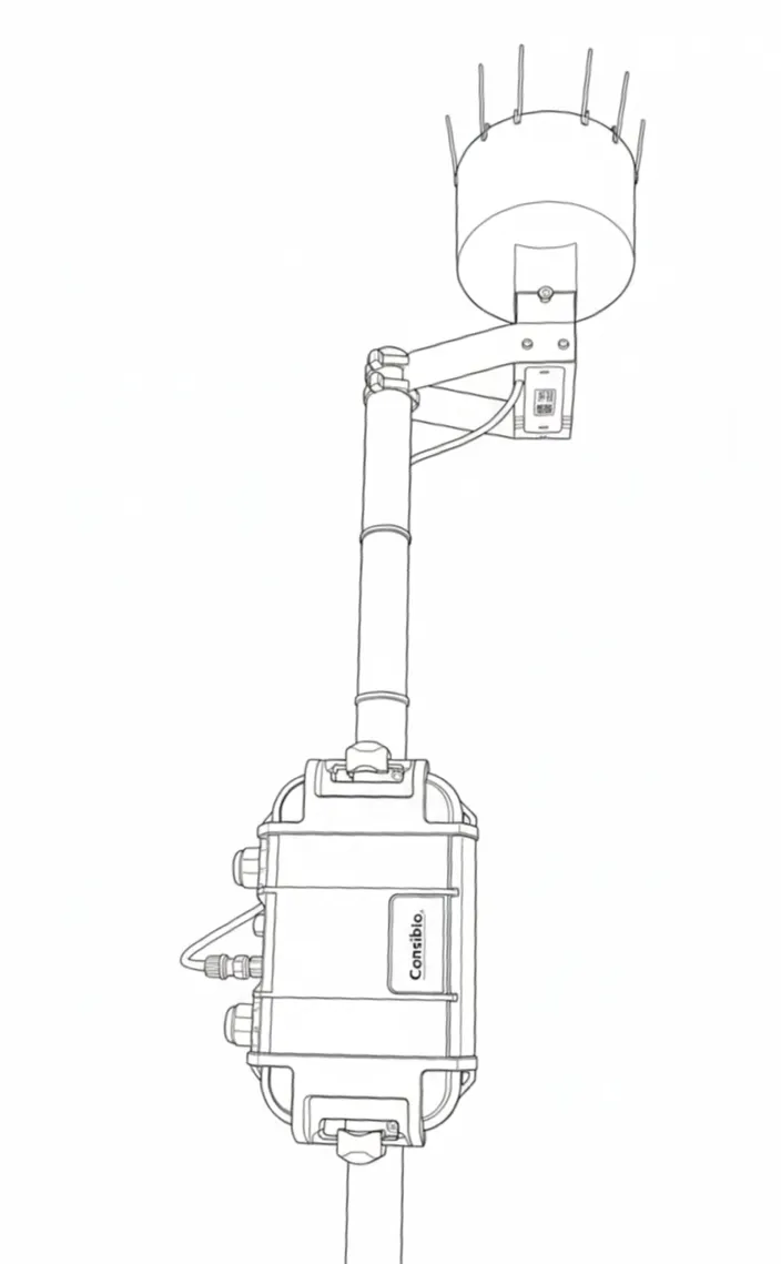 Completed Rain Gauge and Logger WD-68 installation mounted on a pole