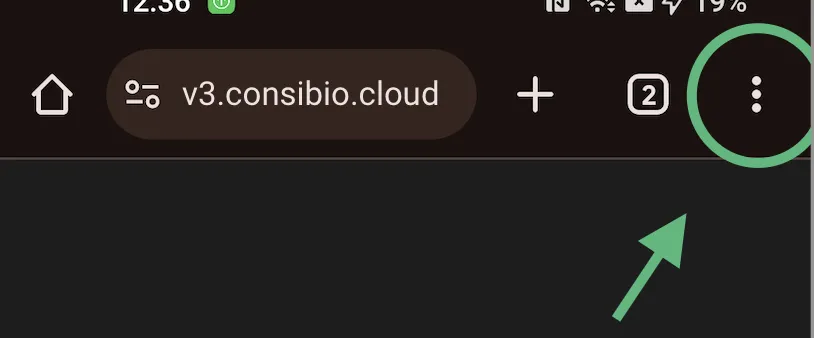 Chrome menu with Add to Home screen option, on the Consibio Cloud page