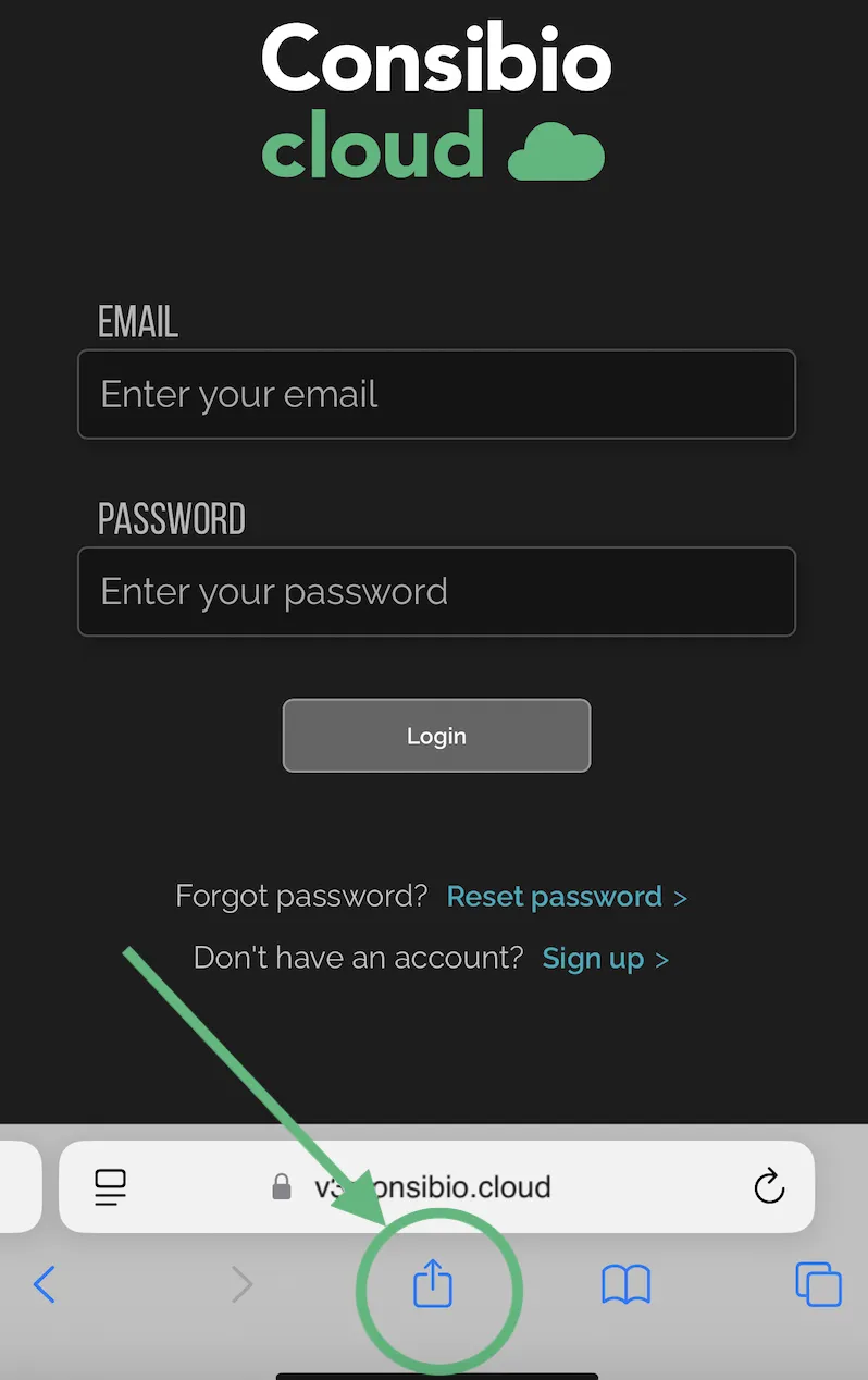 Safari share icon highlighted in the toolbar on the Consibio Cloud login page